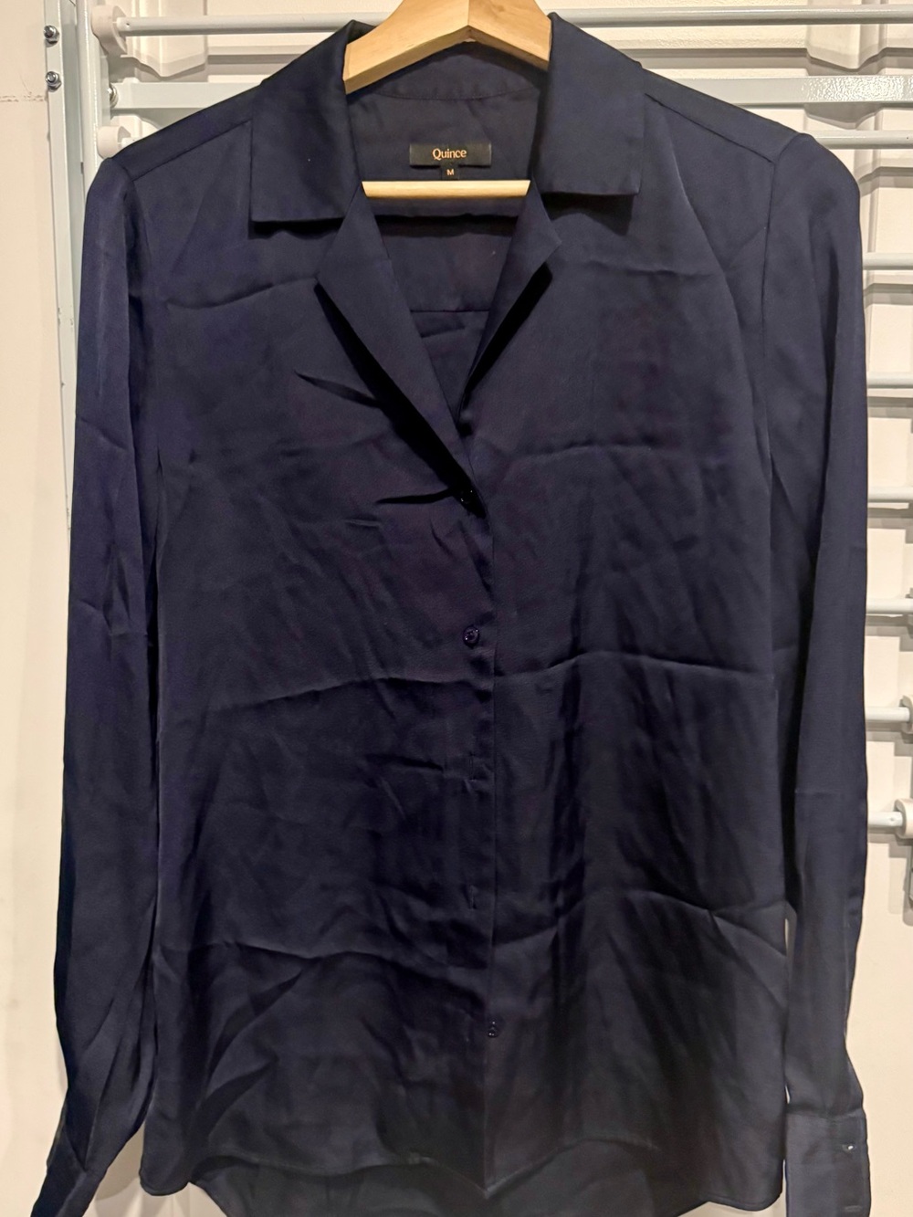 Quince Women's Navy Silk Button-Front Long Sleeve Top
